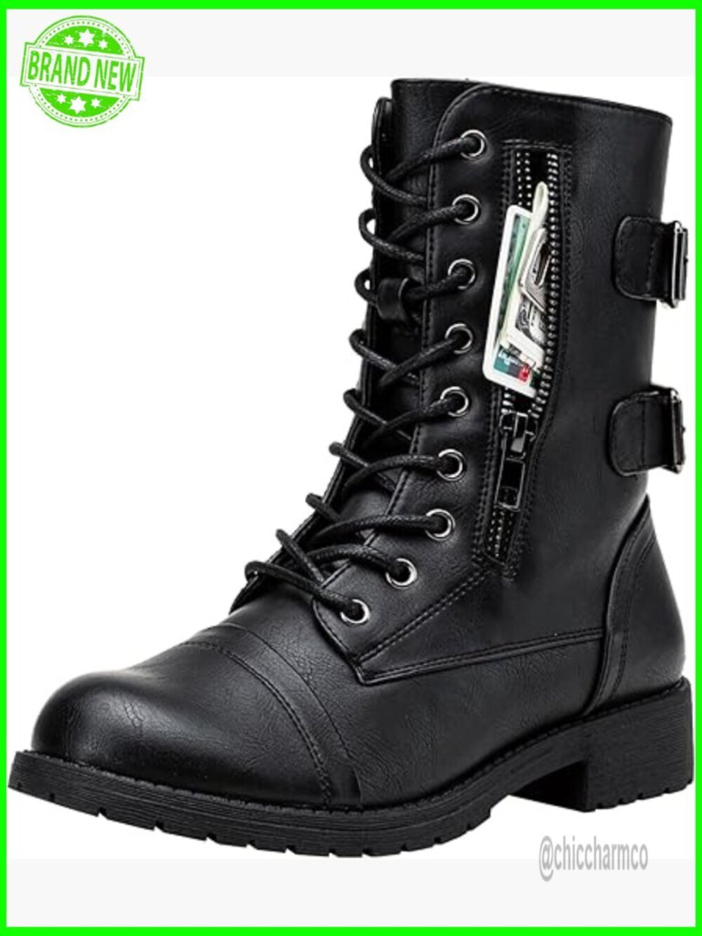 Women's Combat Boots Mid Calf Low Heel with Side Wallet Pocket